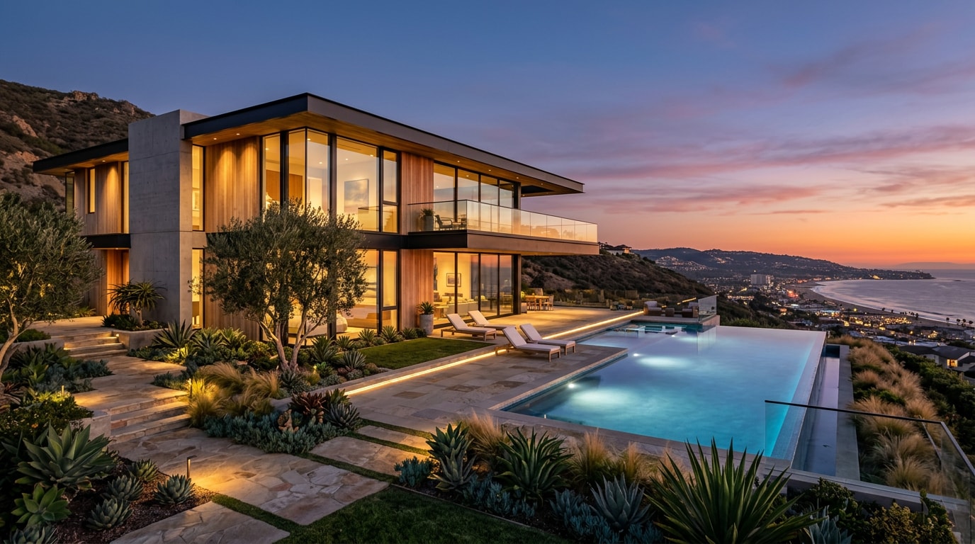 Modern luxury home exterior in Orange County with large windows and clean architectural lines Modern luxury home exterior in Orange County with large windows and clean architectural lines